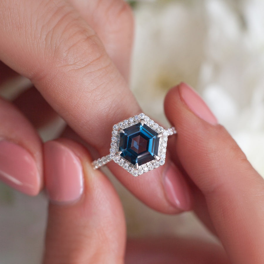 Audrey Hexagon London Blue Topaz Ring with Moissanite Halo