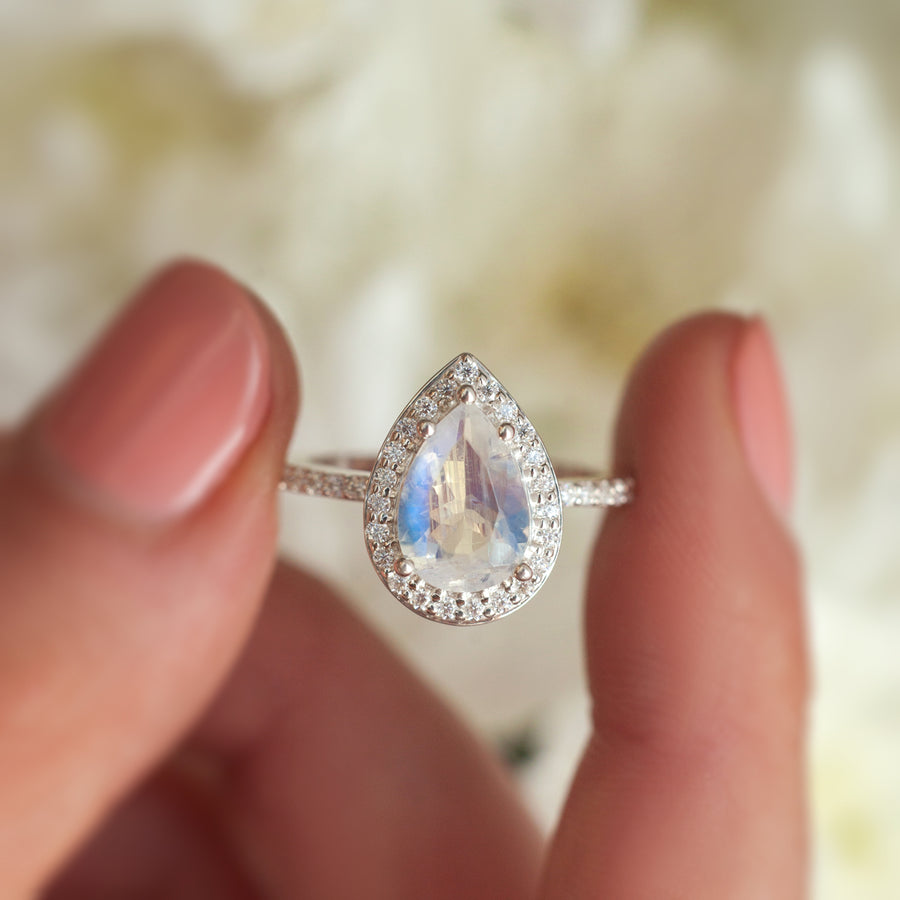 Britney Pear Moonstone Ring with Moissanite Pave Halo