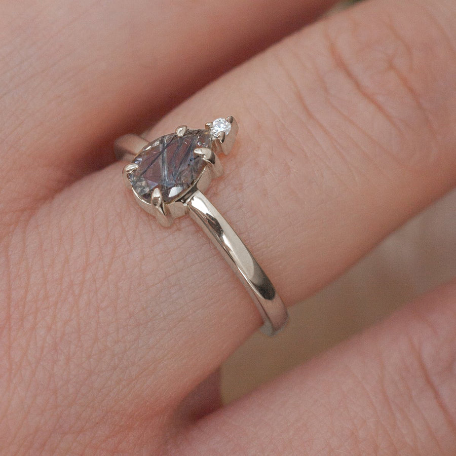 Eva Queen Pear Black Rutile Quartz Ring with Moissanite