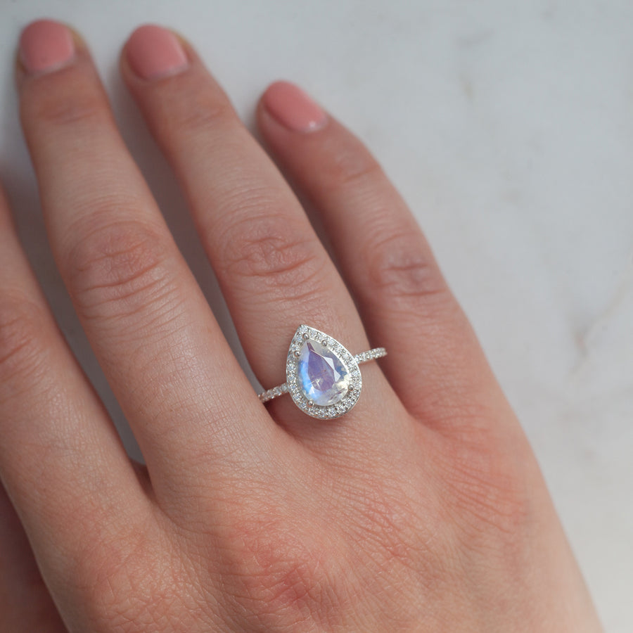 Britney Pear Moonstone Ring with Moissanite Pave Halo