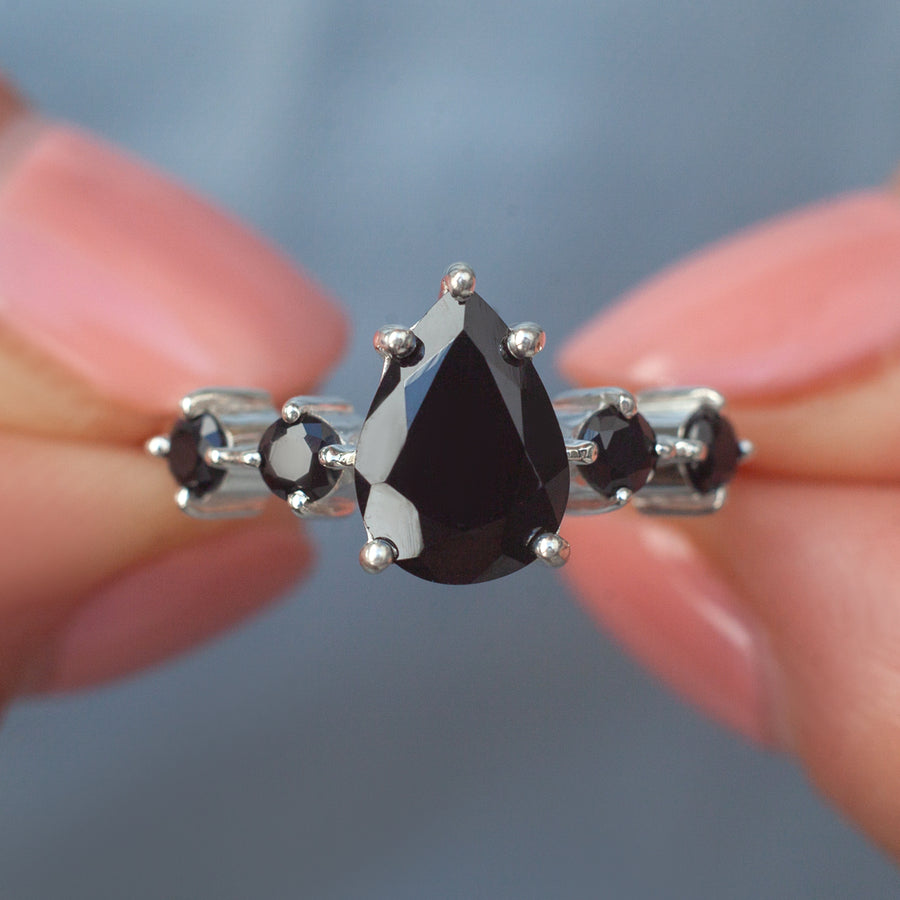 Apollonia Pear Black Spinel Ring with Round Black Spinels