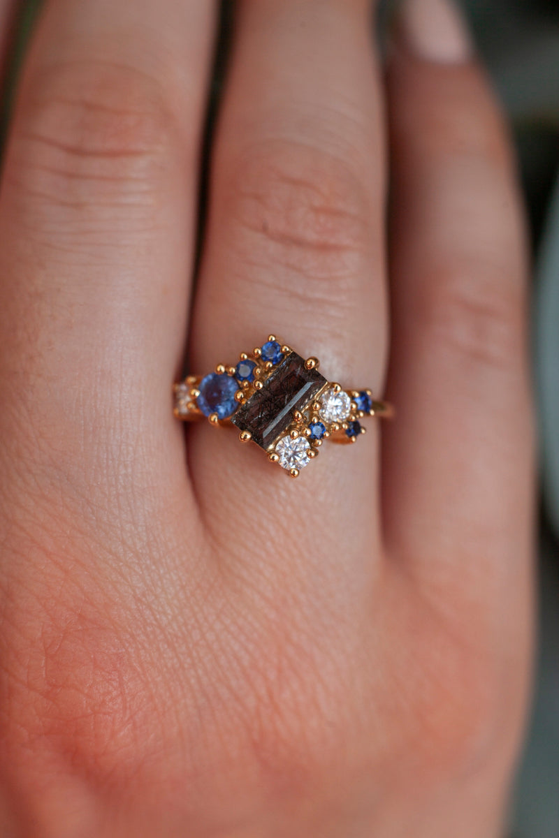 Bianca Baguette Cluster ring with Black Rutile Quartz