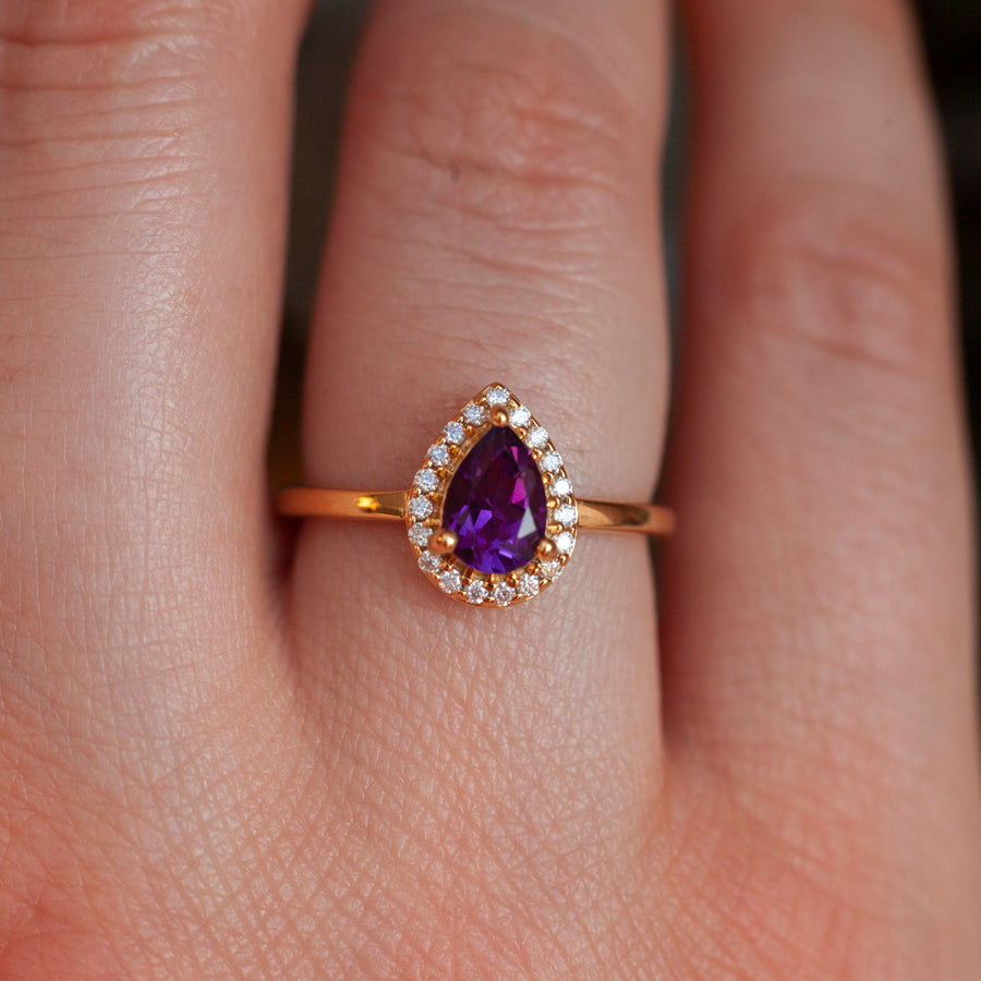 Tina Pear Amethyst Ring with Halo Moissanites