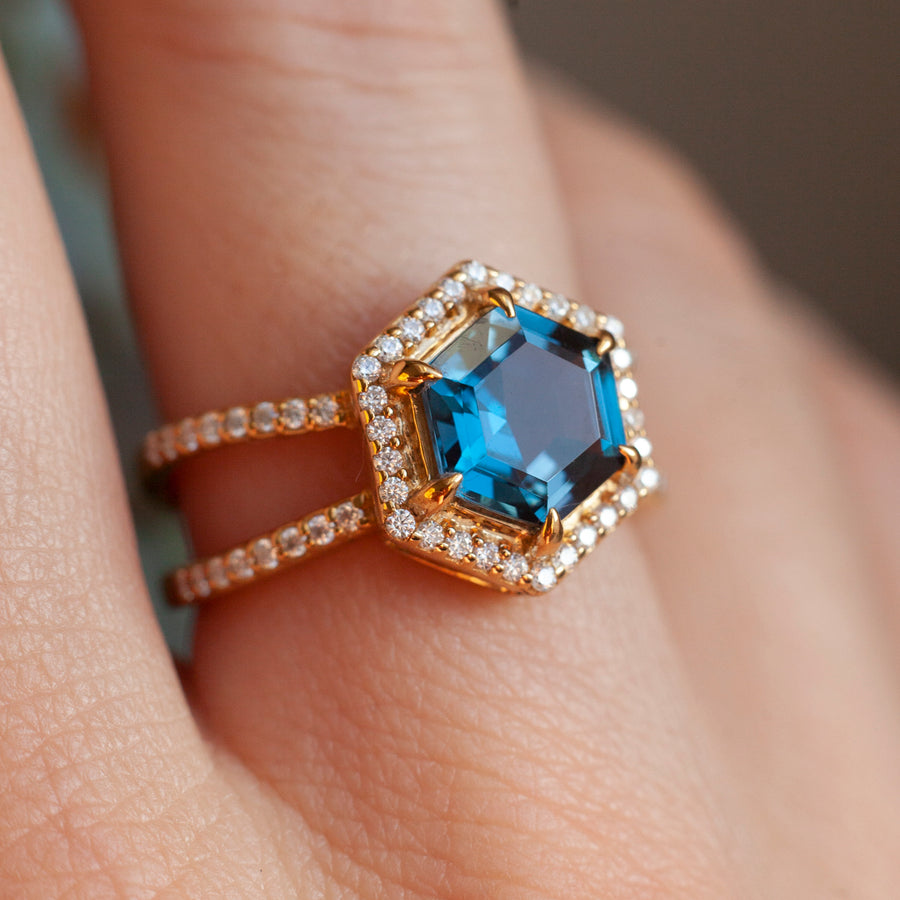 Serena Hexagon London Blue Topaz Ring with Double Pave Band