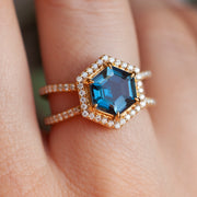 Serena Hexagon London Blue Topaz Ring with Double Pave Band