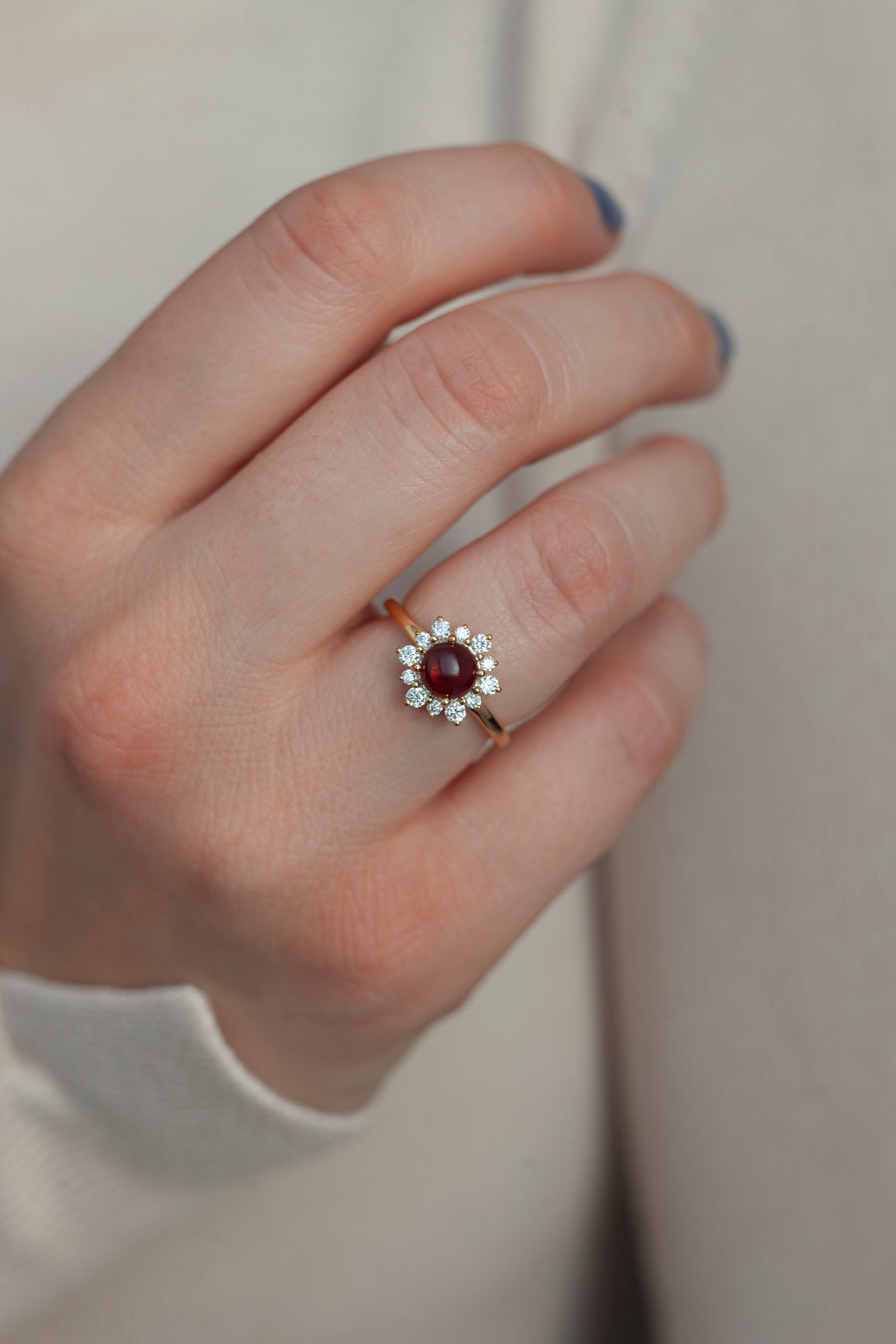 Flora Round Garnet Cabochon Ring with Halo Moissanite